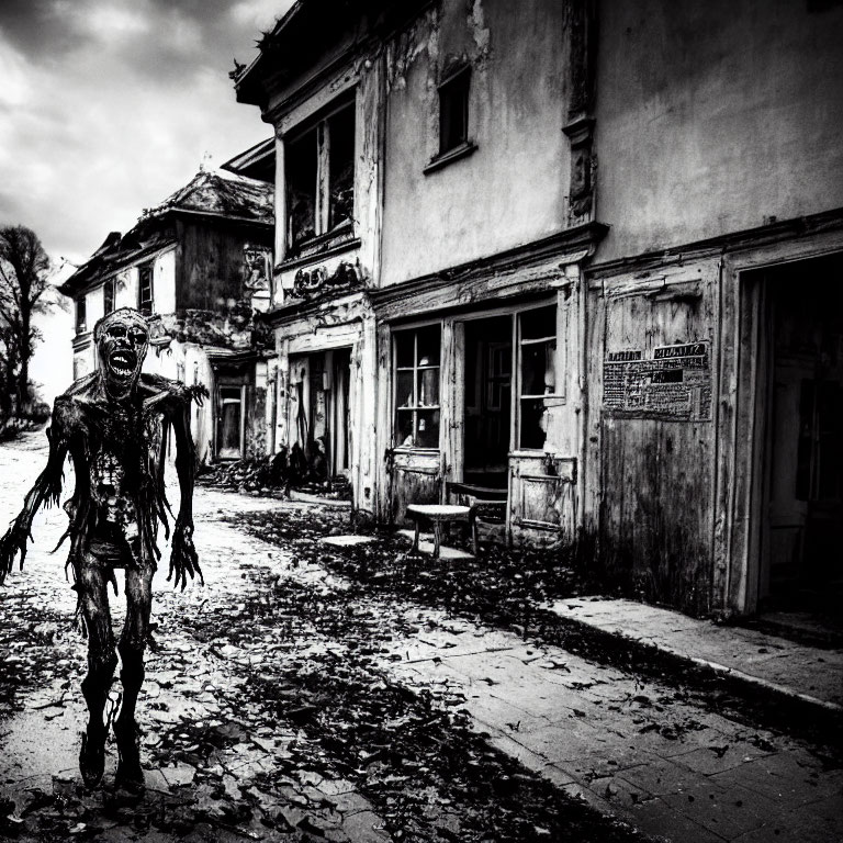 Monochrome image of zombie-like creature in desolate street