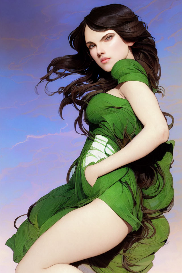 Digital Artwork: Woman with Dark Hair in Green Clothing against Pastel Sky