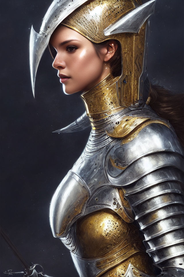 Detailed Silver and Gold Knight Armor with Helmet in Medieval Fantasy Style