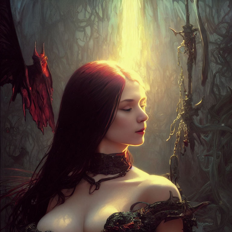Red-haired woman standing among dark roots with a raven nearby