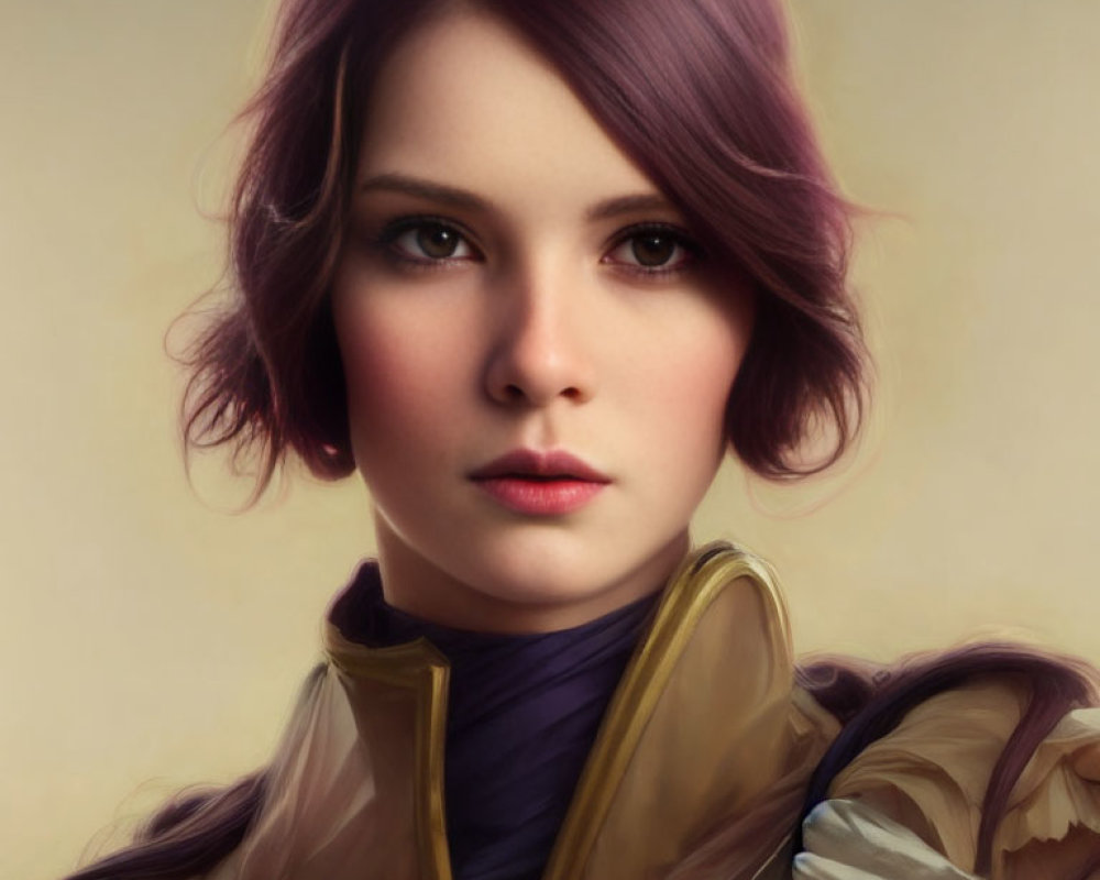 Digital portrait of woman with purple hair in high-collared gold-trimmed outfit