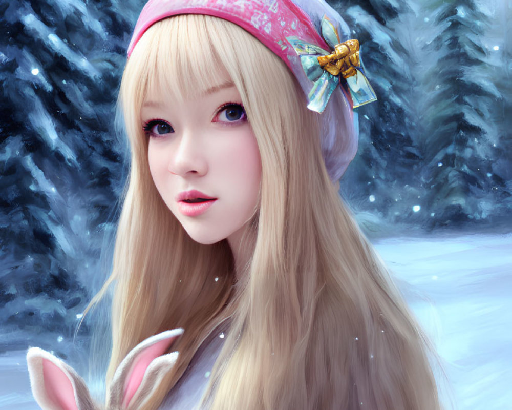 Blonde girl in bunny ears with rabbit in snowy forest