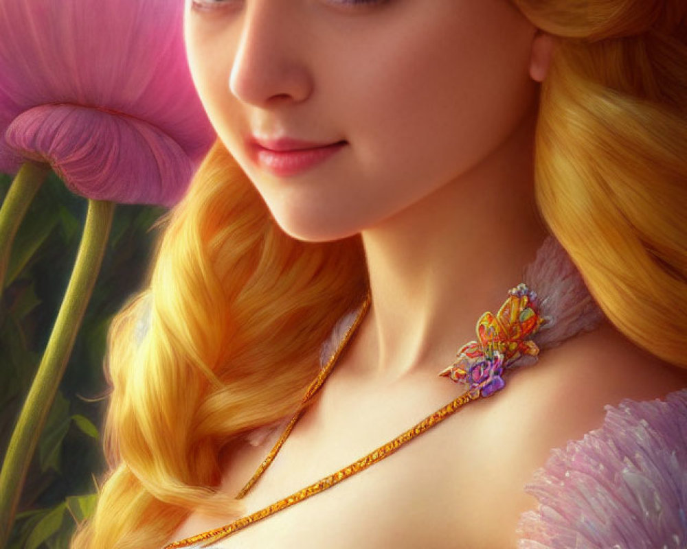 Blond woman in fairytale attire with floral hat, necklace, and dress, surrounded by pink
