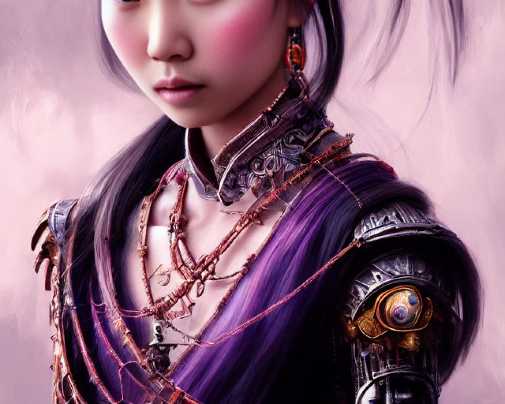Asian woman with bionic arm in futuristic traditional attire portrait