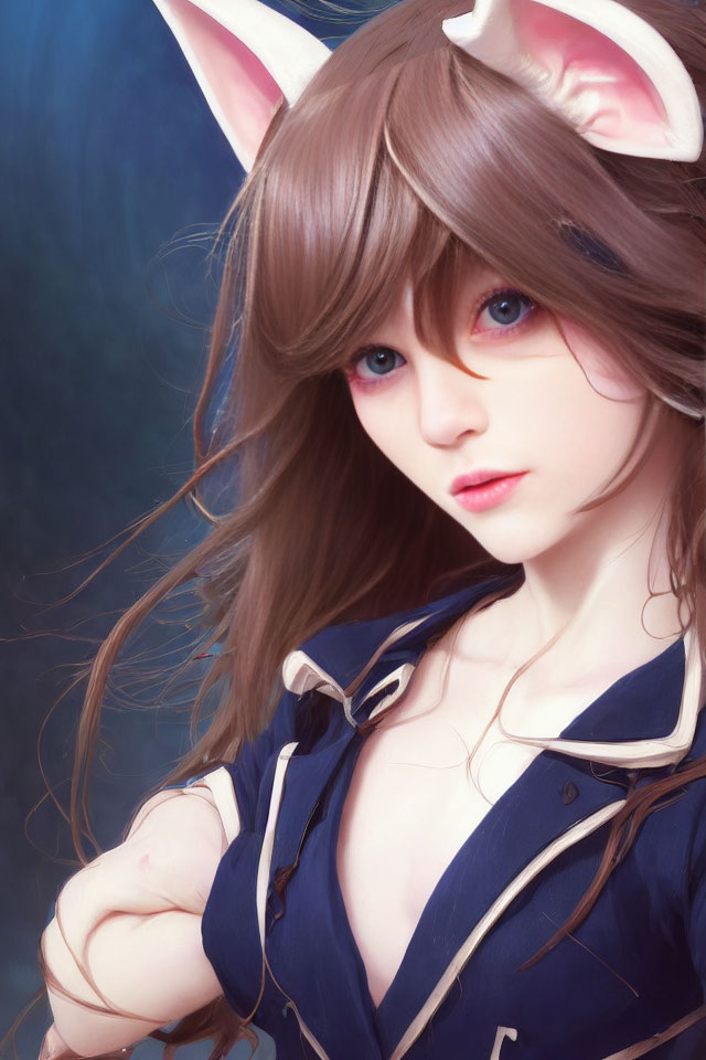 Person with Blue Eyes and Brown Hair Wearing Cat Ears and Navy Blue Outfit in Illustration