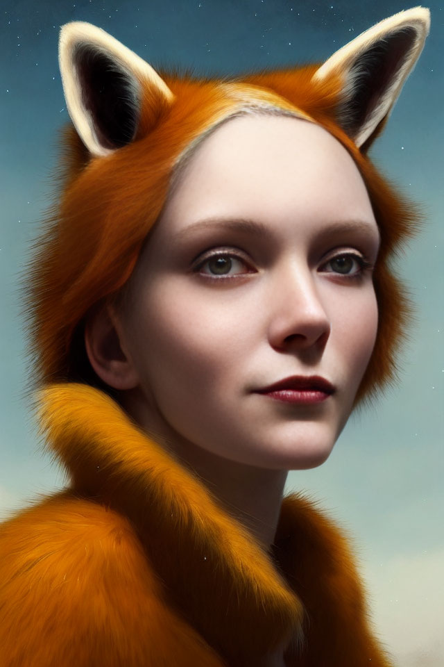 Portrait of Woman with Fox Features on Soft Blue Background