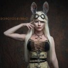 Blonde woman in bunny ears cosplay with steampunk accessory
