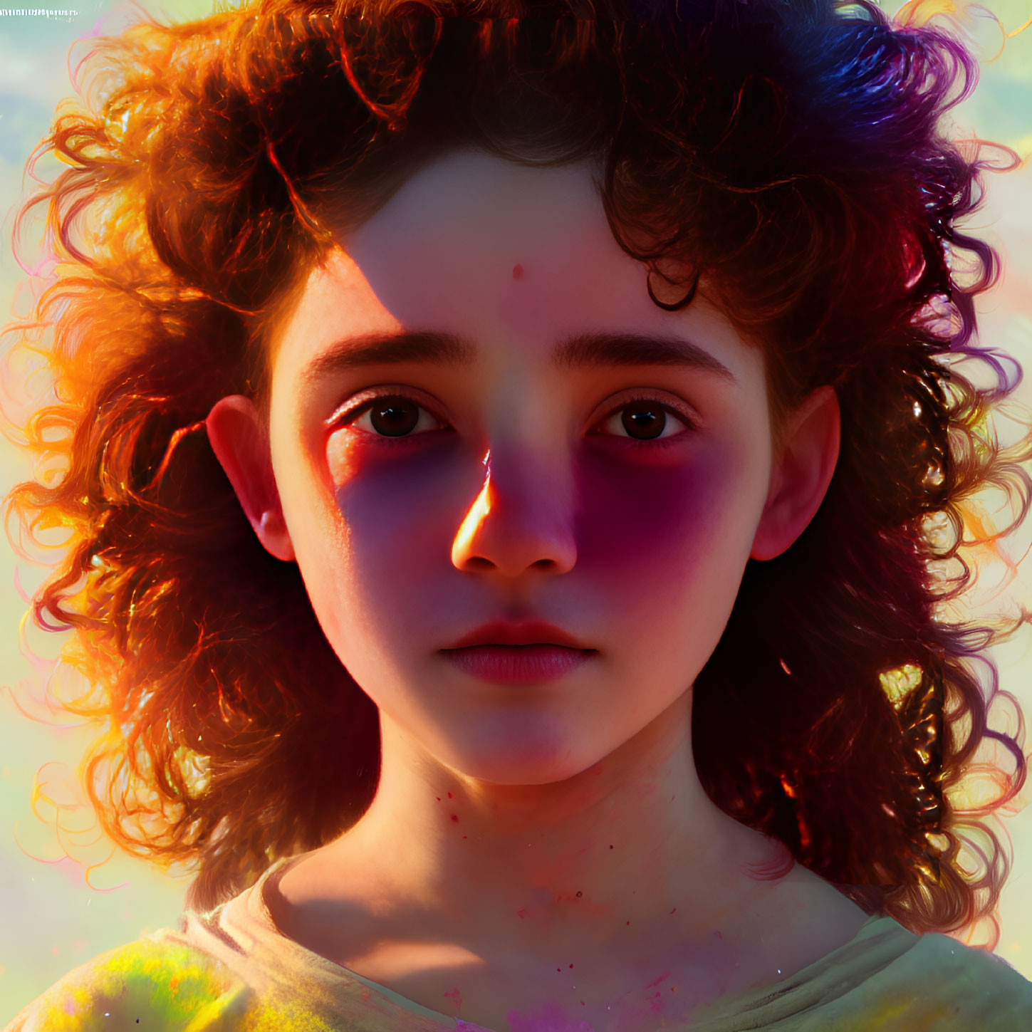 Young individual with curly hair and striking eyes under warm light