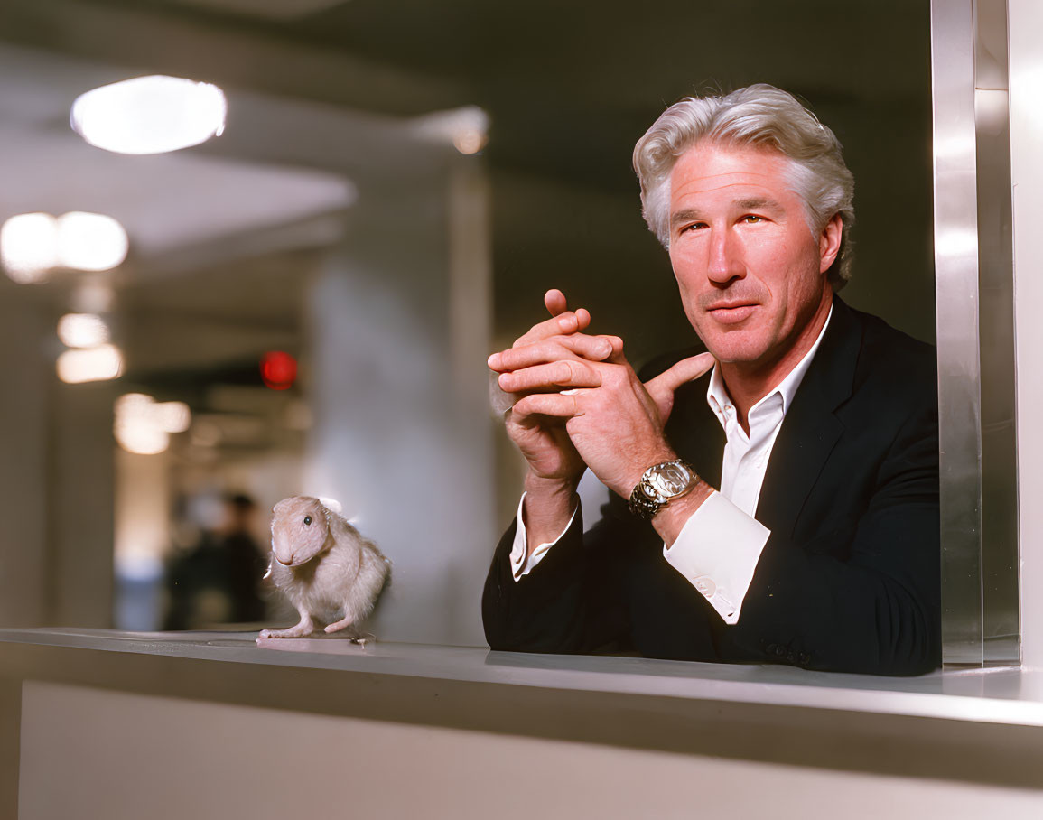 Silver-haired man in black suit poses with rodent on counter under bright lights