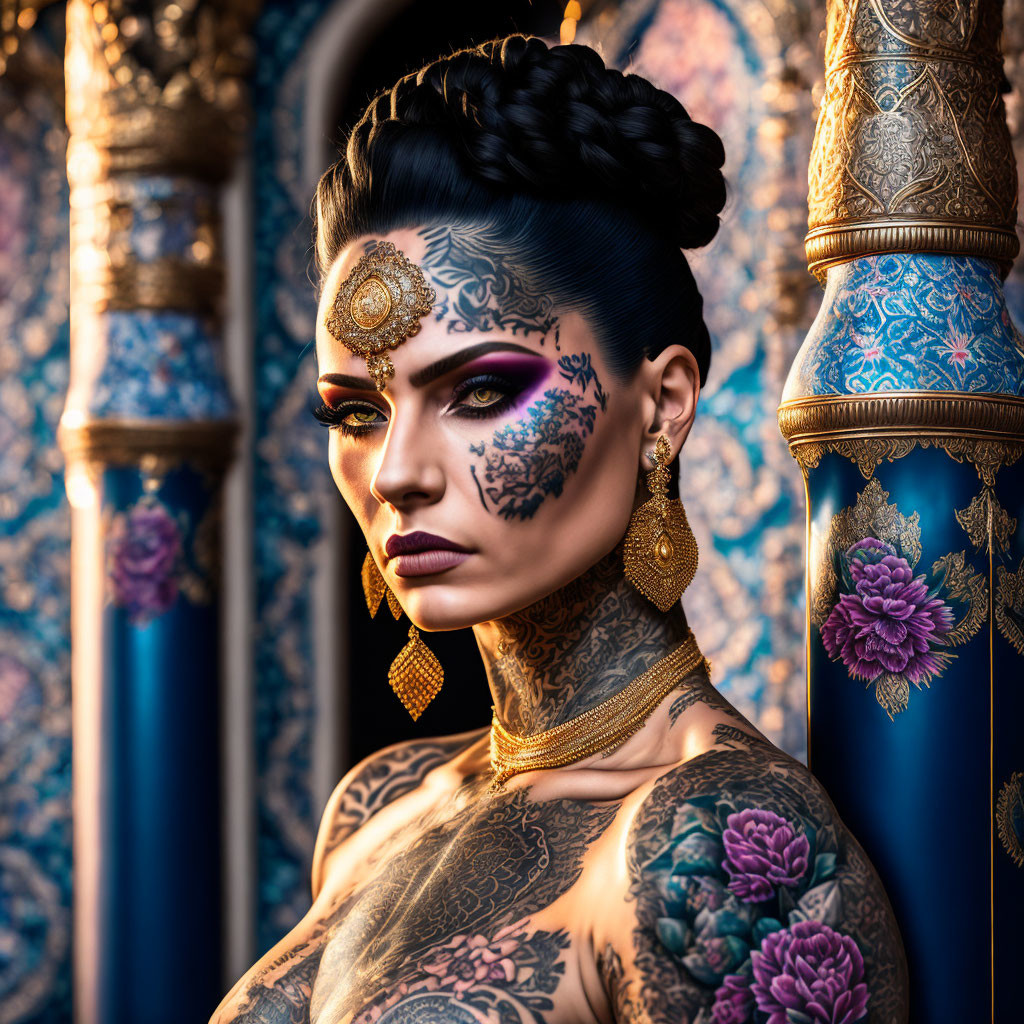 Regal woman with tattoos and gold jewelry against blue pillars