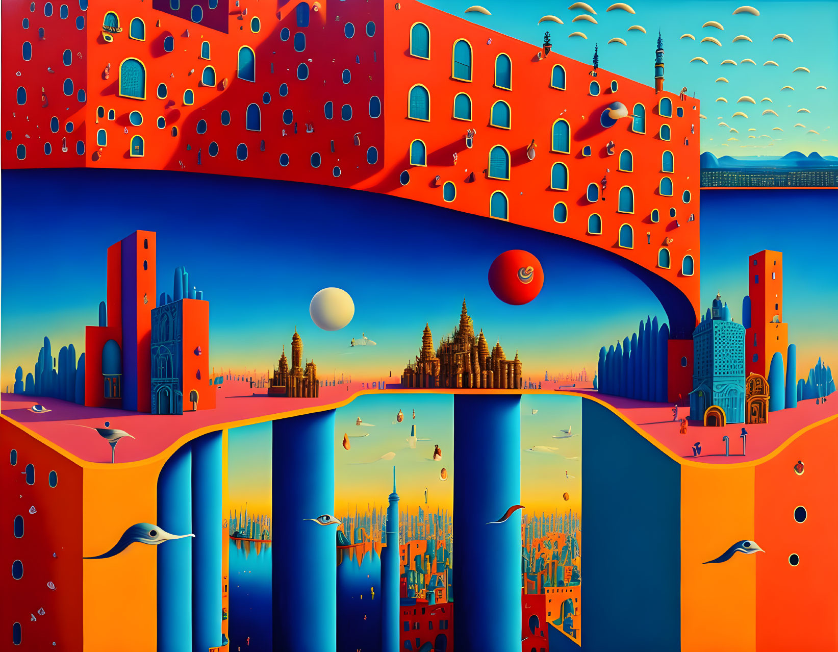 Vibrant surreal painting: architectural fantasy with arches, towers, and spherical elements.