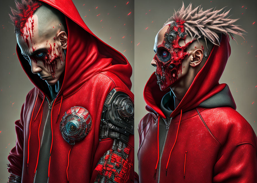 Cybernetic individual in red hoodie with mechanical arm and robotic skull in futuristic style