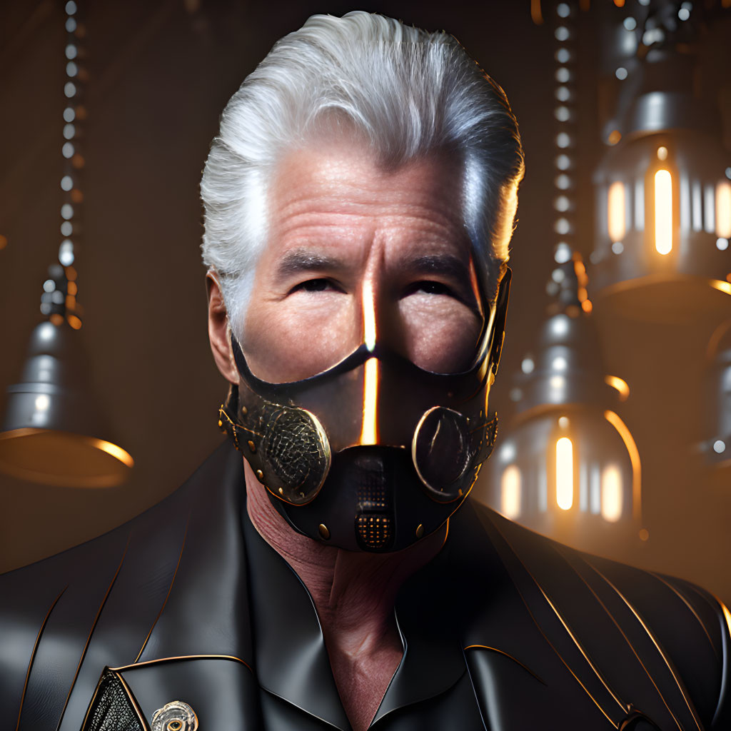 Silver-haired person with black and gold mask in industrial setting