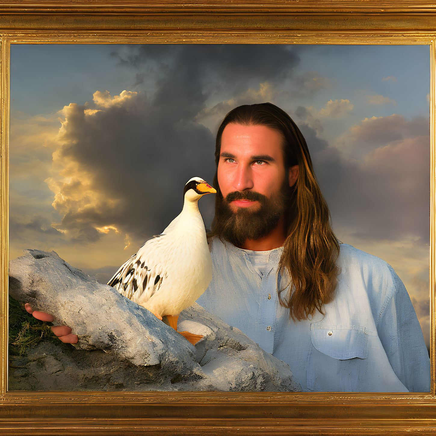 Bearded man with white duck in golden frame on cloudy sky background