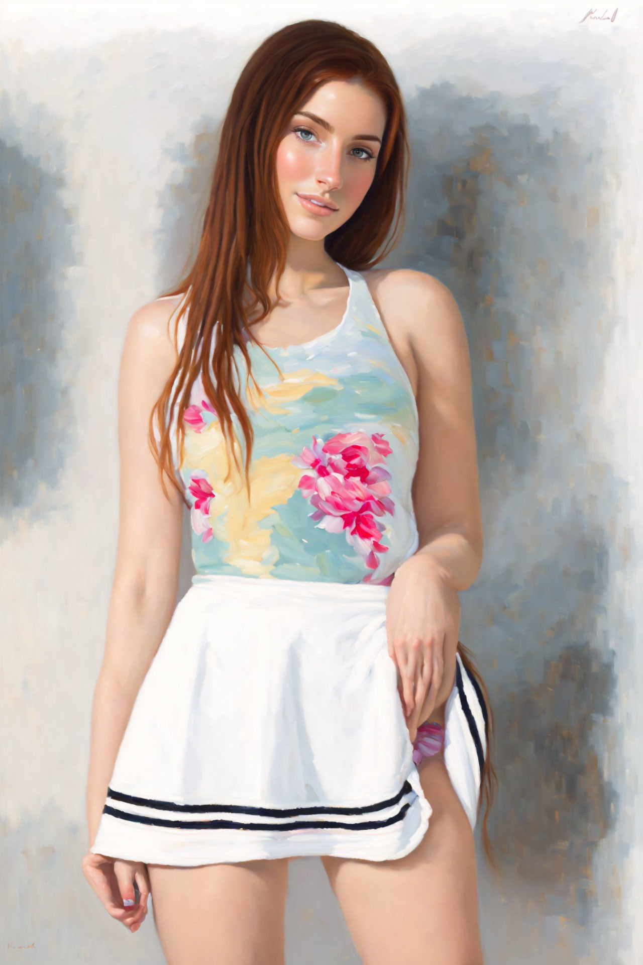 Young woman with red hair in floral tank top and white skirt posing with hand on hip.