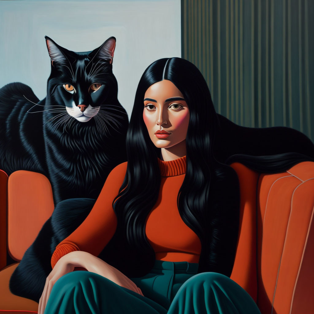Stylized painting of woman with black hair and cat on orange sofa