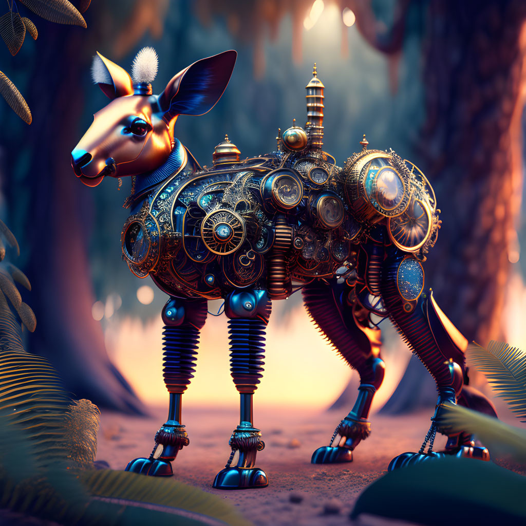 Intricate steampunk mechanical deer in fantasy forest.