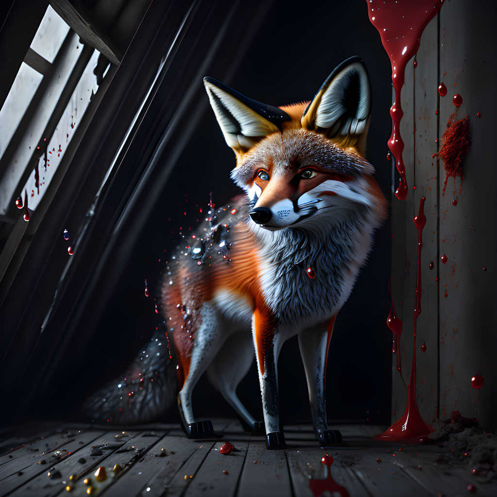 Mystical fox in dark room with red liquid splatters