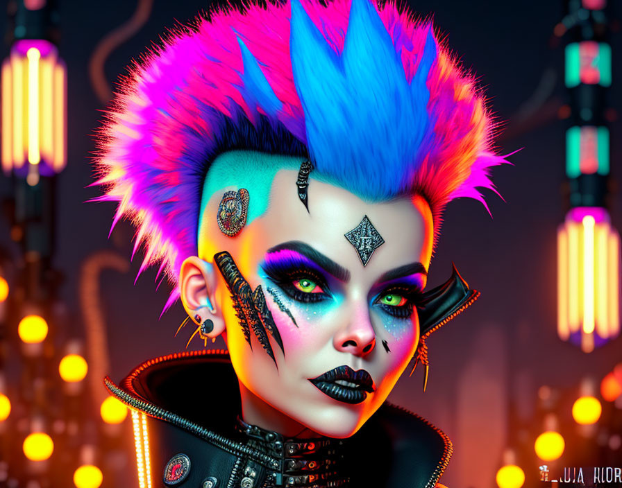 Vibrant punk-inspired digital portrait with blue and pink Mohawk and dramatic makeup.