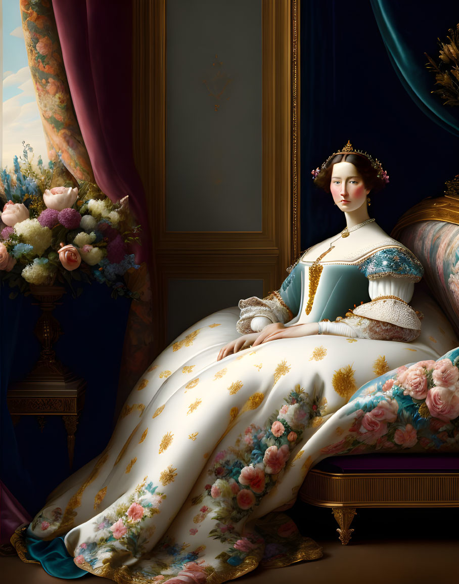 Regal woman in luxurious gown with floral patterns beside ornate vase