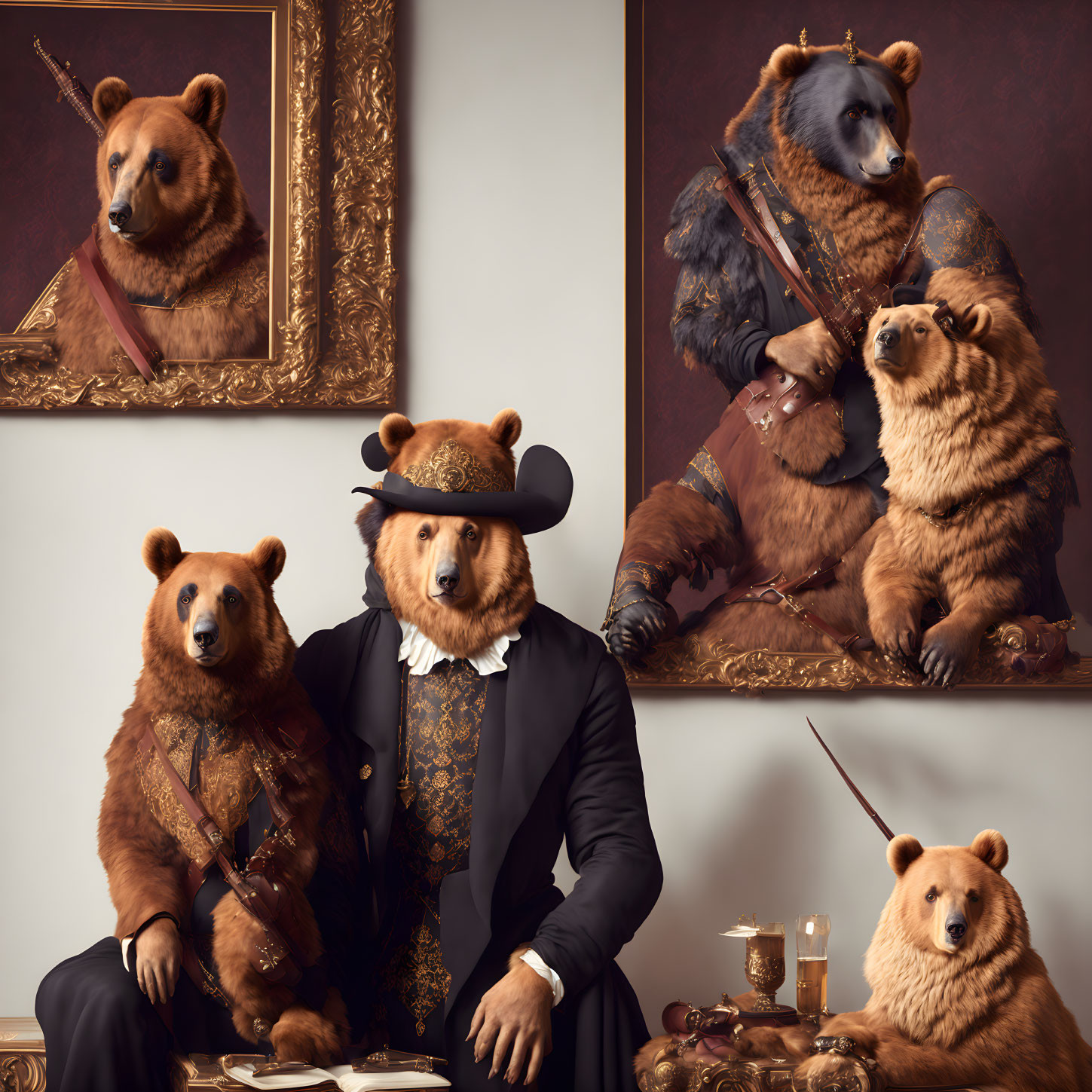 Whimsical portrait of bears in vintage attire with classic painting