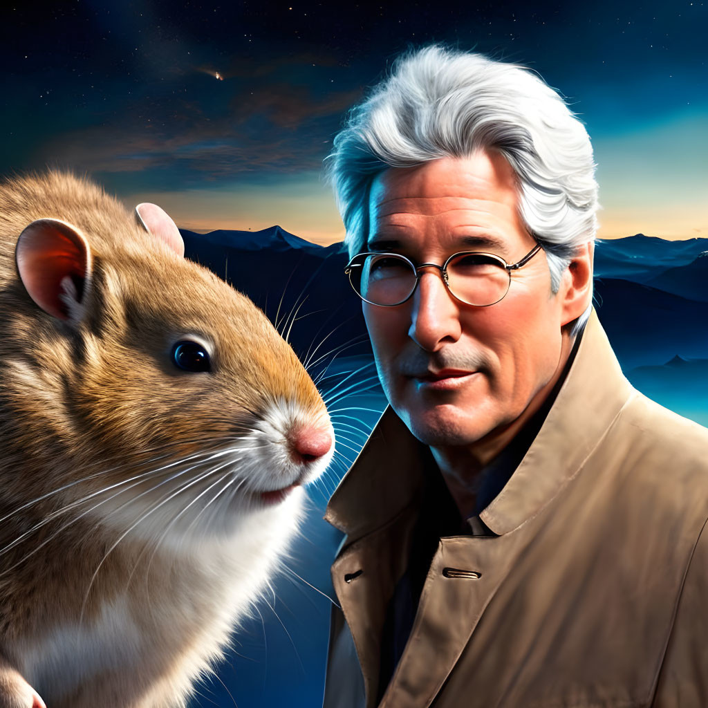 Man with Gray Hair and Glasses Beside Realistic Hamster in Night Sky Illustration