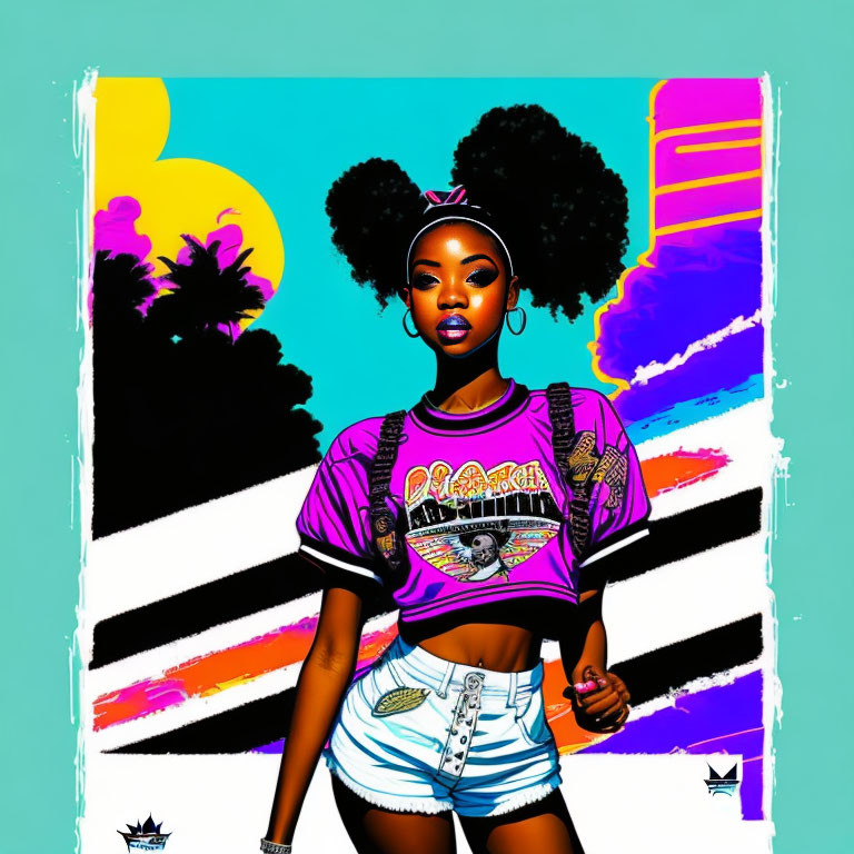 Stylish woman with puff hairstyles in retro clothing on abstract background