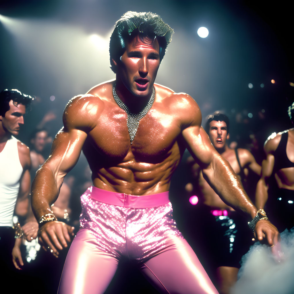 Muscular man in pink pants performs on stage with spotlights and smoke