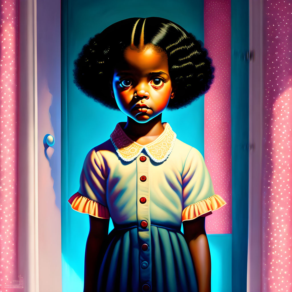 Digital Artwork of Young Girl in Lace Collar Dress Standing in Doorway