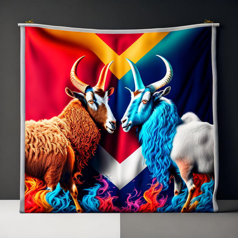Colorful Tapestry with Artistic Goats and Abstract Background