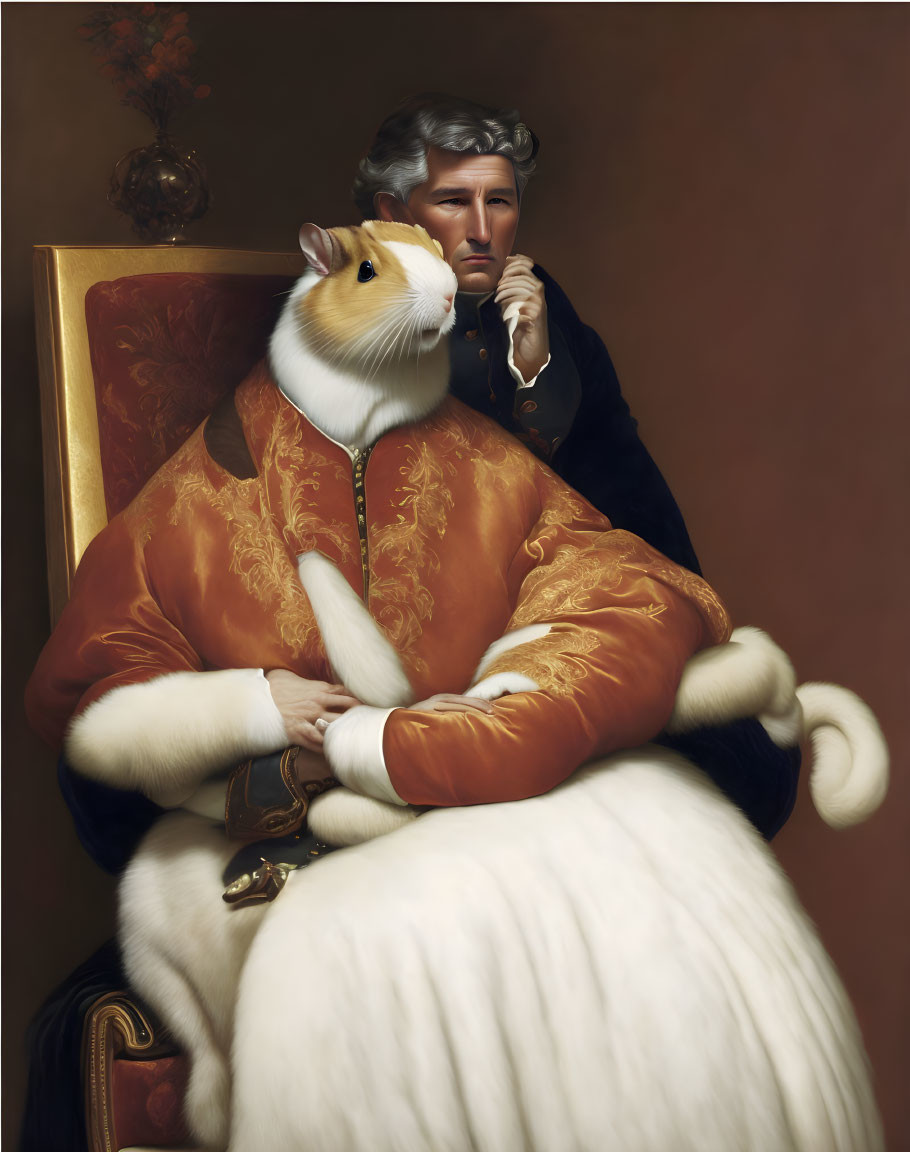 Surreal portrait of man in historical attire with guinea pig head sitting in ornate chair