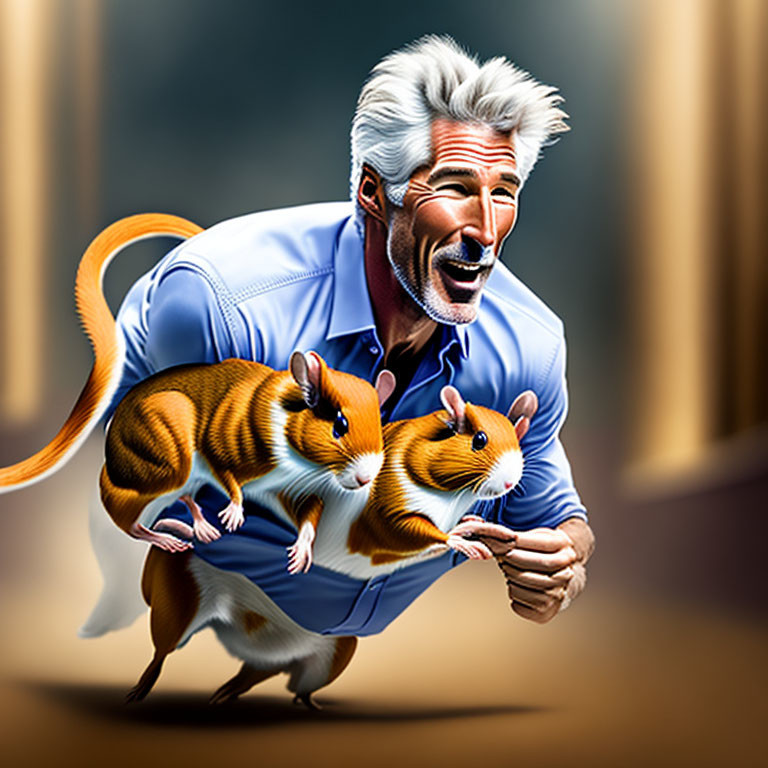 White-Haired Man with Beard Running with Oversized Hamsters in Blue Shirt