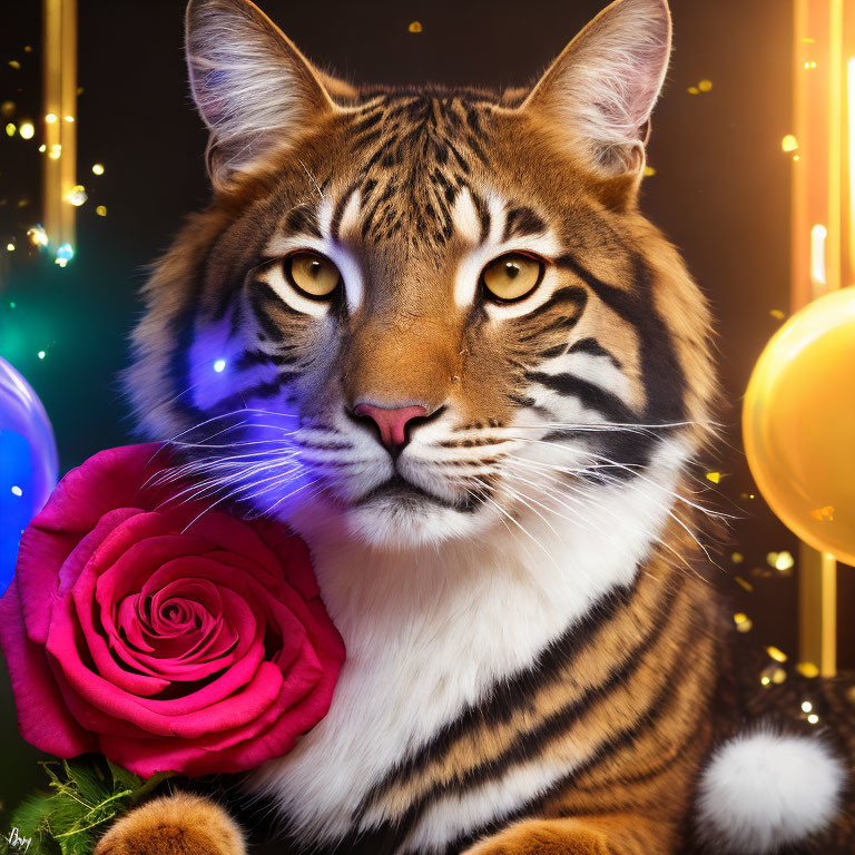 Surreal digital artwork: tiger-human fusion with vibrant colors and sparkling lights