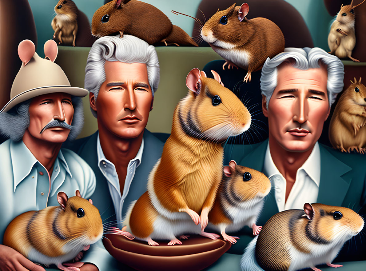 Silver-Haired Man in Safari Hat with Hamsters in Realistic Poses on Green Background
