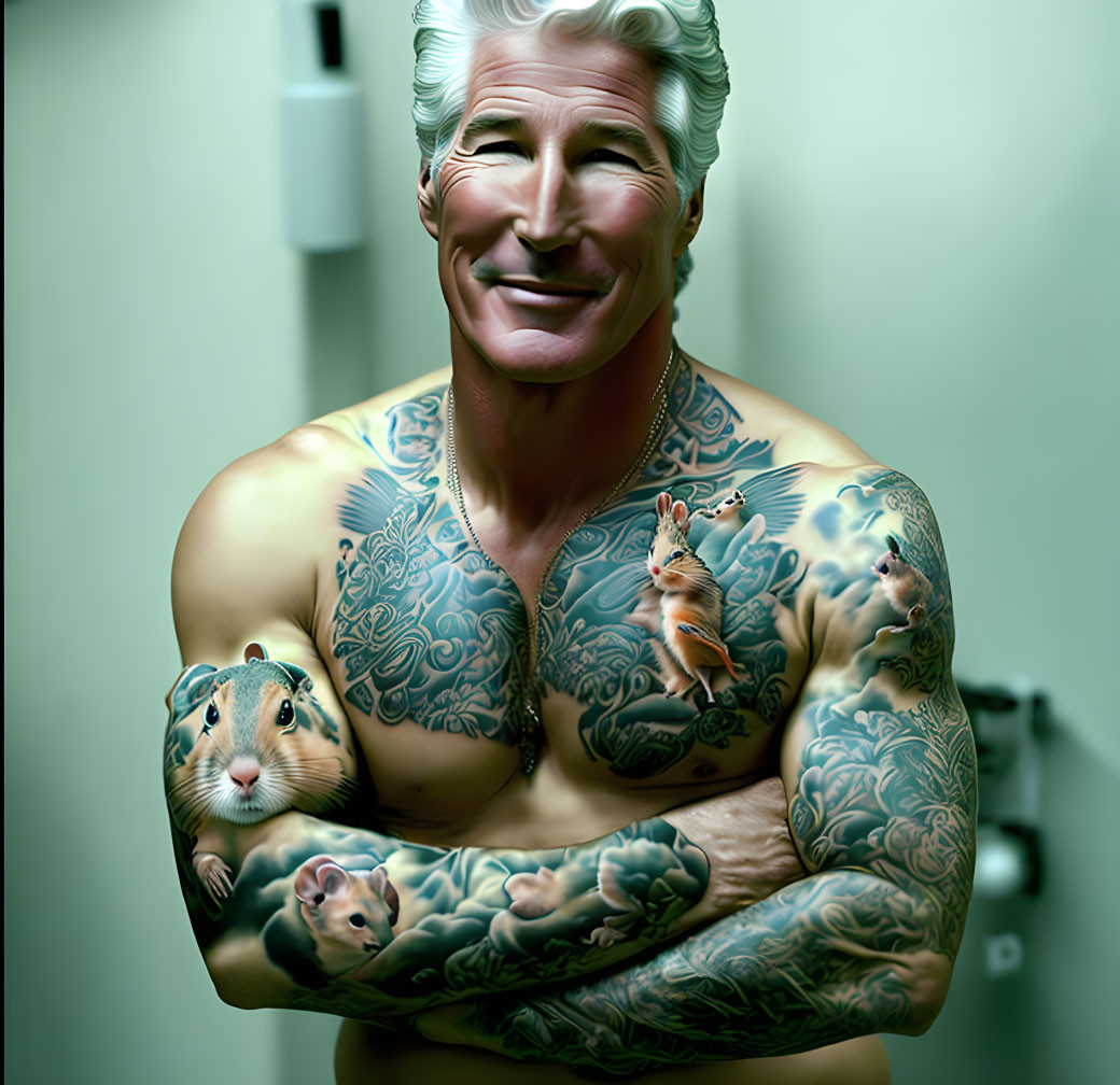 Muscular older man with silver hair and hamster tattoos smiling