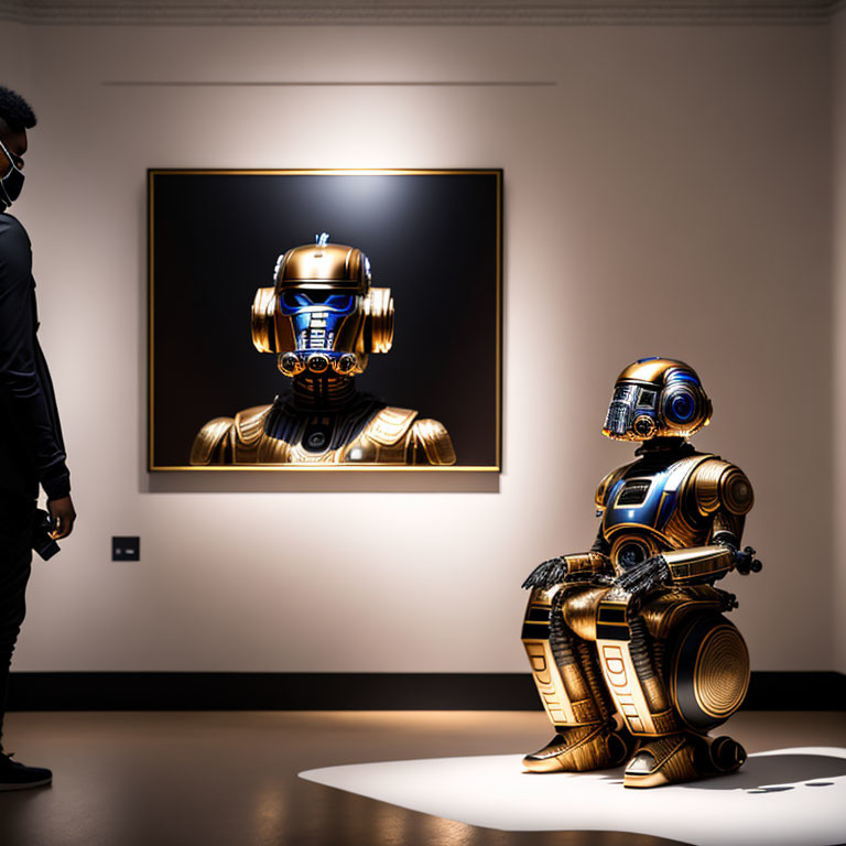 Realistic robot next to framed portrait in art gallery showcases fusion of technology and art