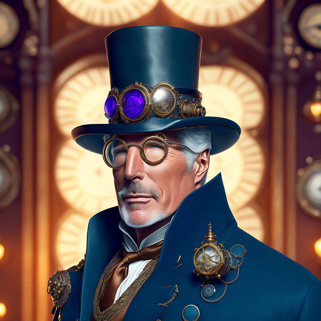 Silver-haired gentleman in steampunk attire with top hat and monocle