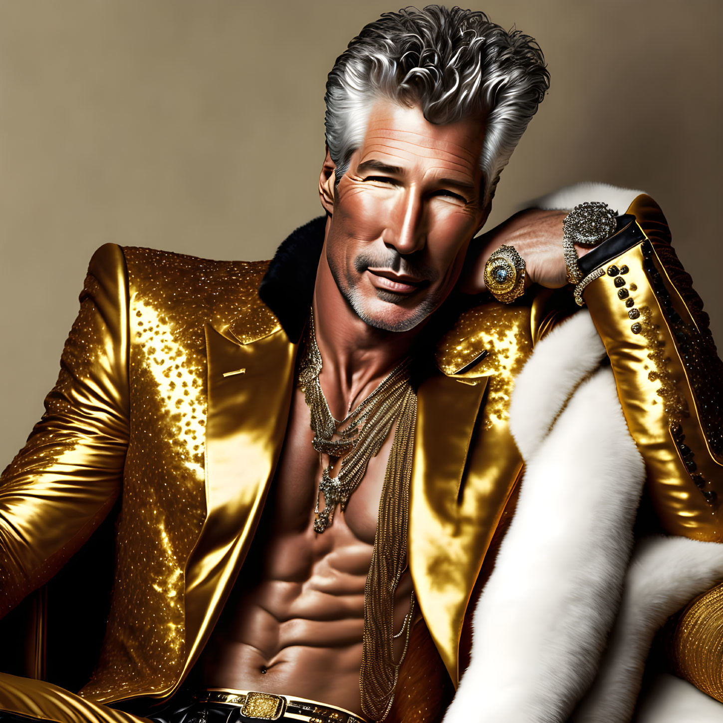Stylized image of a man with silver hair, gold sequin jacket, heavy gold jewelry,