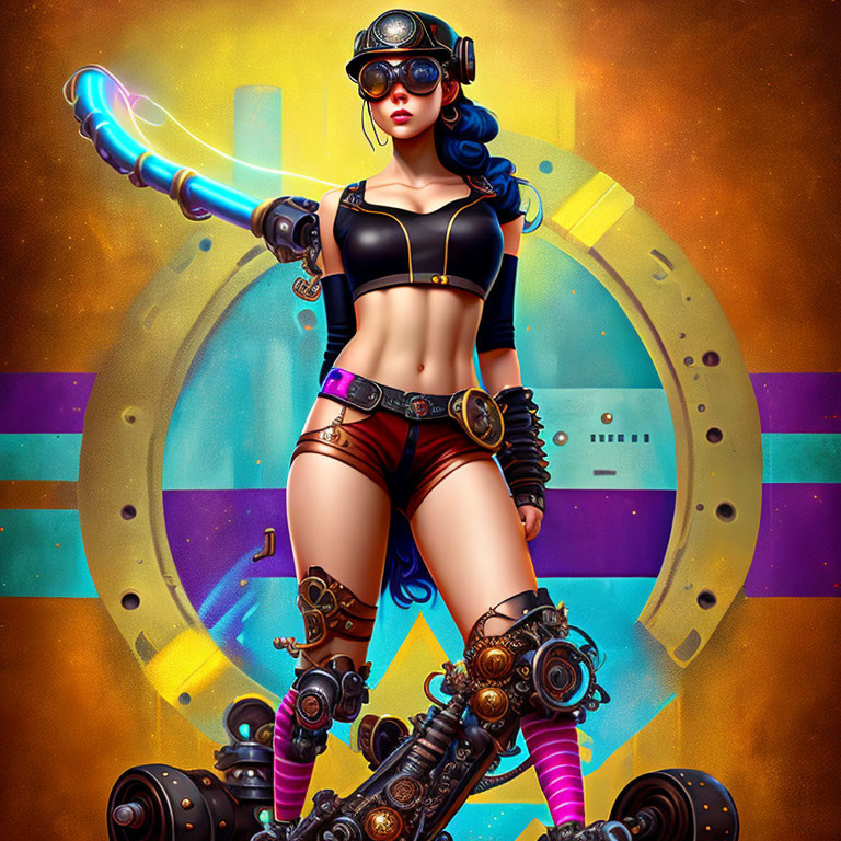 Futuristic steampunk female character with mechanical arm in abstract setting