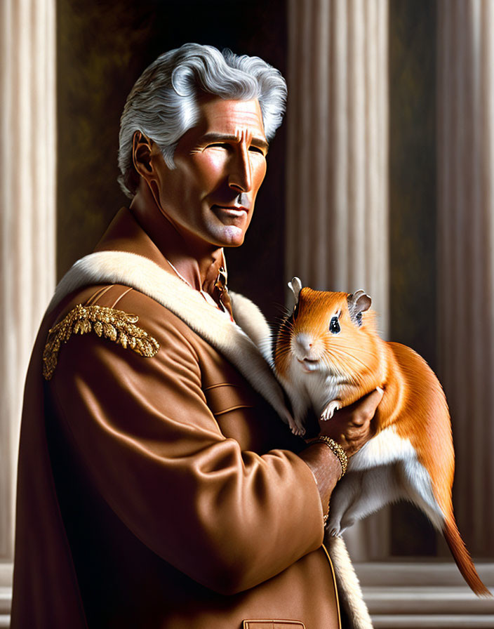 Elderly man with white hair holding large hamster in tan coat against classical setting