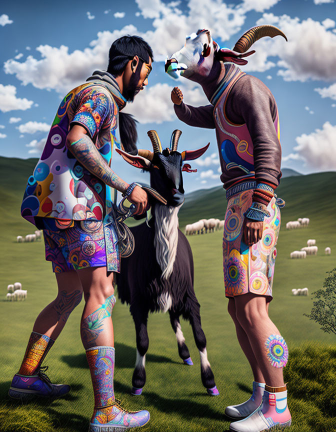 Colorfully dressed individuals with goat in field with sheep
