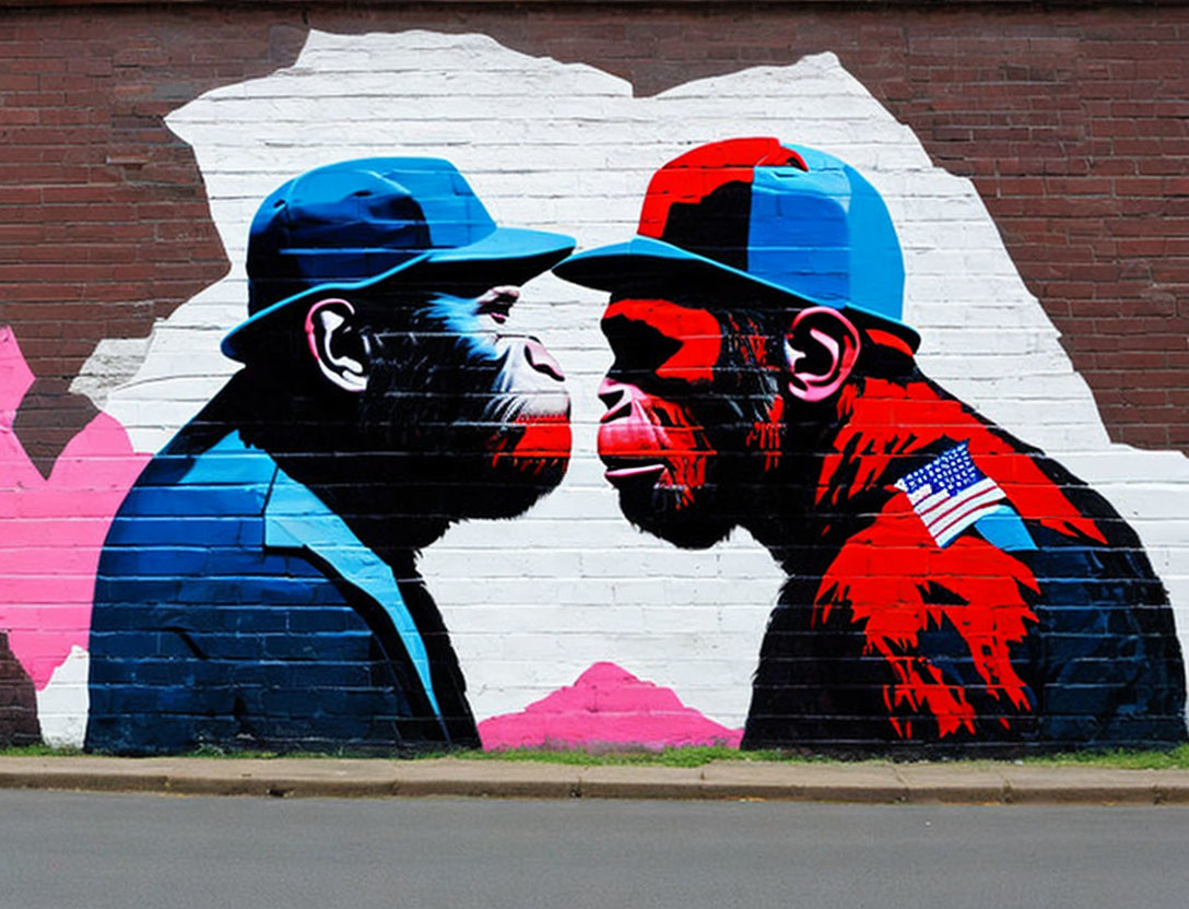 Colorful street art mural featuring two chimpanzees in baseball caps with American flag pattern, set against