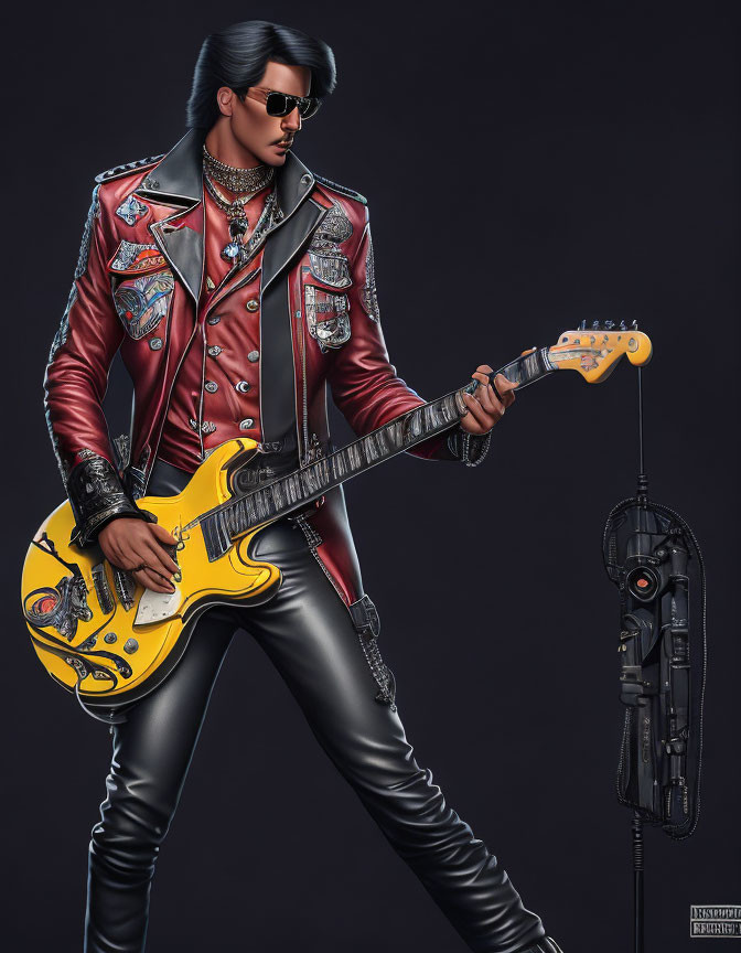 Man with slicked-back hair playing electric guitar in studded leather jacket illustration
