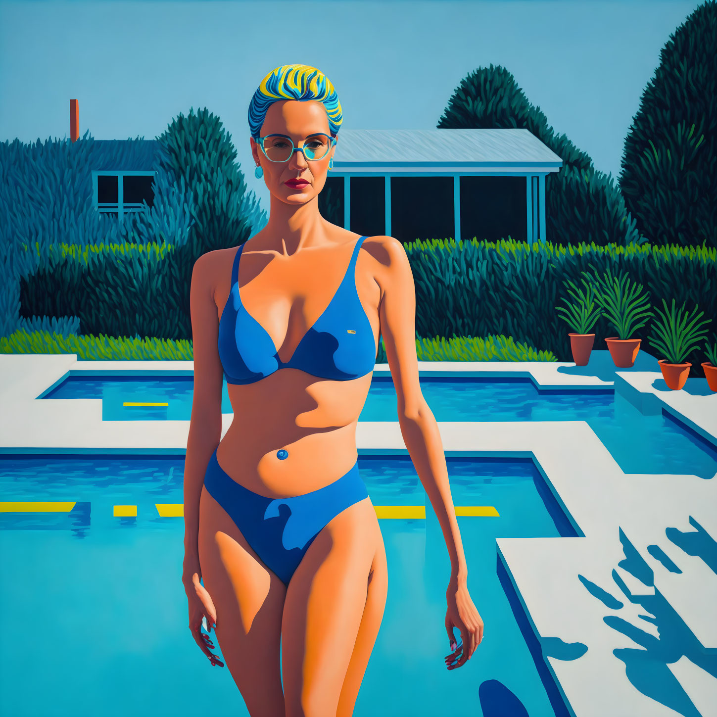 Woman in Blue Swimwear by Poolside with Vibrant Greenery and House Background