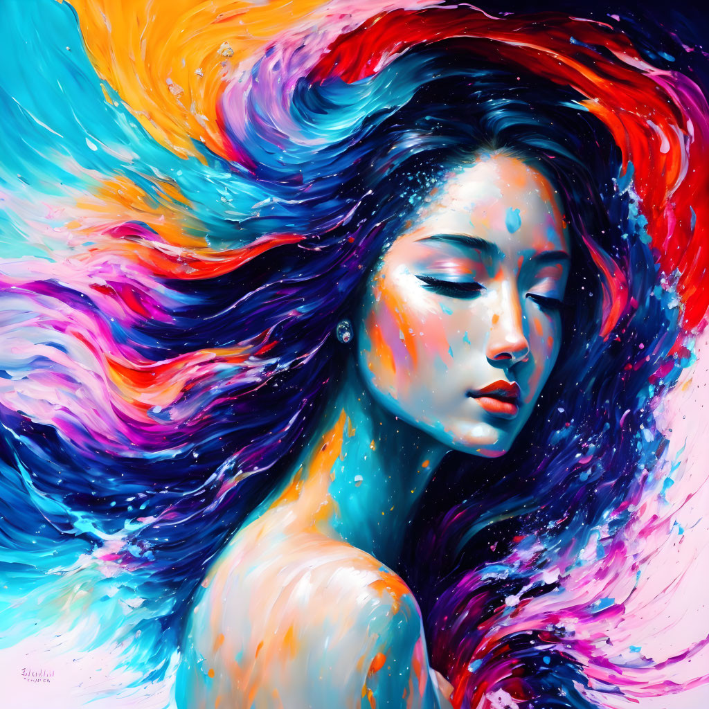 Colorful painting of a woman with flowing hair in blue, red, and purple swirls