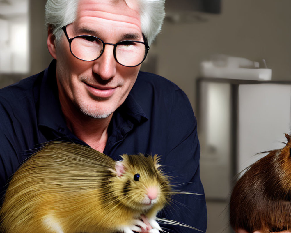 Silver-Haired Man Smiling with Rodents in Domestic Scene