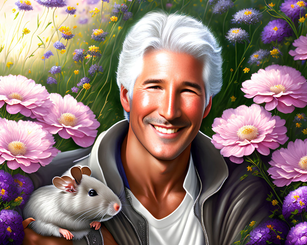 Silver-Haired Person Smiling Among Colorful Flowers with Mouse