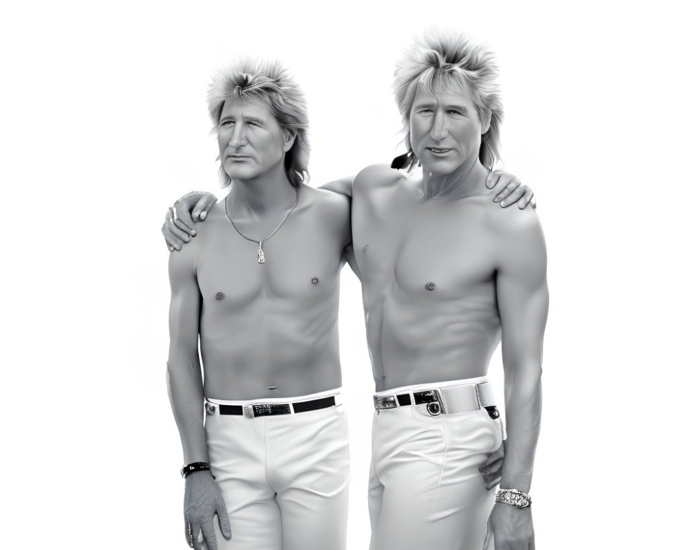 Identical Shirtless Male Figures with Striking Hairstyles in White Shorts