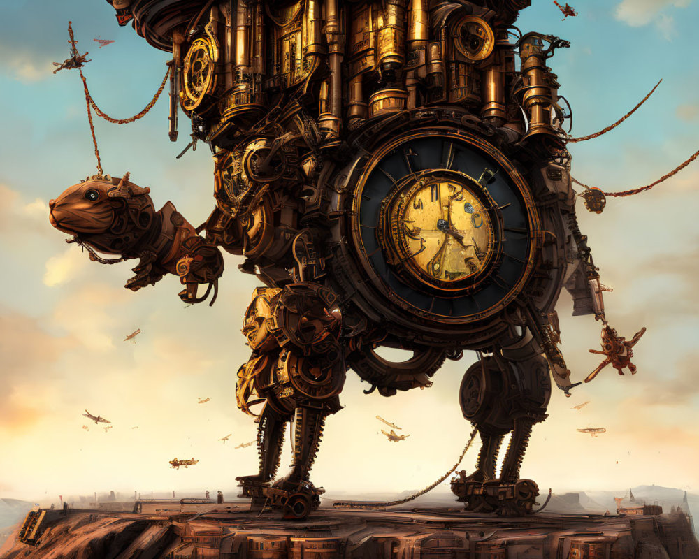 Steampunk tower with clock features and flying ships in sunset sky