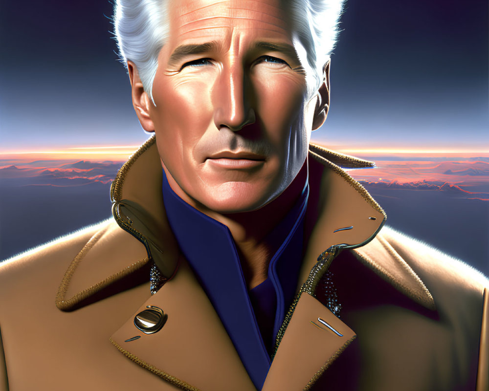 Silver-Haired Man in Tan Overcoat Against Sunset Sky Background
